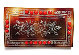 Art Deco Celluloid Brooch Faux Tortoise Coral Bead Silver Etched Flower ... - £15.16 GBP