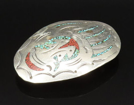 SOUTHWESTERN 925 Silver - Vintage Etched Turquoise &amp; Coral Belt Buckle - TR3384 - £154.00 GBP