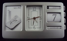 Desk Clock In Cast Aluminum Frame ~ Analog Clock &amp; Calendar/Photo Frame ... - £15.44 GBP