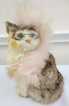 VTG REAL RABBIT FUR STUFFED  DRESSSED CAT PEARLS BOA HAT GLASSES - £31.27 GBP