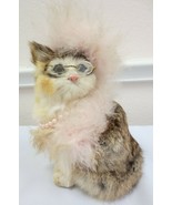 VTG REAL RABBIT FUR STUFFED  DRESSSED CAT PEARLS BOA HAT GLASSES - £31.97 GBP