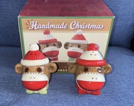 Cracker Barrel Sock Monkey Ceramic Salt &amp; Pepper Shakers Set Christmas H... - £11.98 GBP