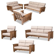 Mission Style Taupe Fabric Walnut Brown Wood Chair or Loveseat or Sofa or all 3 - £244.53 GBP+
