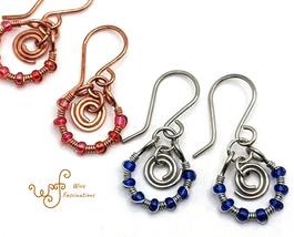 Handmade copper/stainless steel earrings: bead wire wrapped hoops spiral dangles - £16.78 GBP