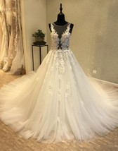 Scoop Neck White A-line Tulle Wedding Dresses with Lace Appliques Bridal... - £141.13 GBP