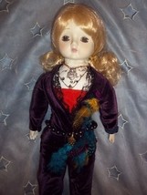 Ceramic Doll Girl With blond hair and purple pantsuit Handmade OOAK Old - $85.00