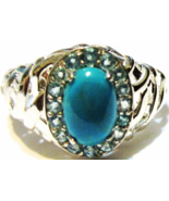 BLUE TURQUOISE OVAL &amp; APATITE ROUND RING, 925 STERLING SILVER, SIZE 9, 1... - $74.08 CAD