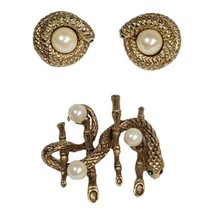 Vintage Designer ERWIN PEARL Bamboo Faux Pearl Snake Brooch and Clip On Earrings - £224.16 GBP