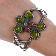 6.75&quot; m Southwestern Sterling Green stone and coral cuff bracelet - £191.63 GBP