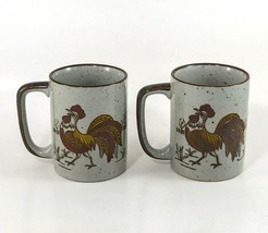 2 Stone Ware 8 Oz. Rooster Mugs/Cups Hand Painted Field Scene Vintage - £7.97 GBP