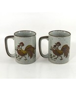 2 Stone Ware 8 Oz. Rooster Mugs/Cups Hand Painted Field Scene Vintage - £7.89 GBP