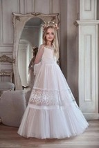 Flower Girl Dress White Long Sleeved A-line Lace Applique Wedding Elegant Flower - £143.70 GBP