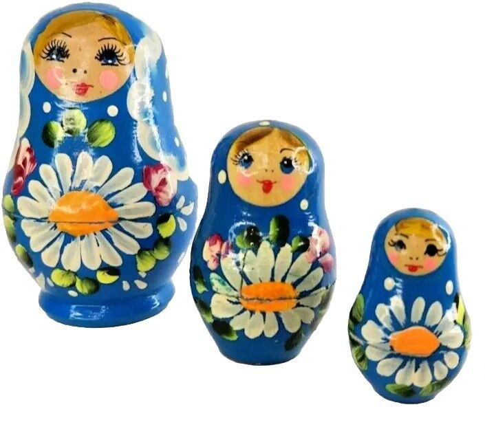 Wood Nesting Doll Blond Hair Flowers Hand Carved Hand Painted Wooden Dolls - $9.49