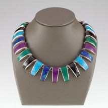 TAXCO Mexico Sterling Silver Multi-Color Inlay Wedge Cut Stone Necklace 15&quot; - £586.48 GBP