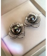 9mm Tahitian Black South Sea Pearl Earrings Piaget Rose-Inspired Petalbu... - $305.22 CAD