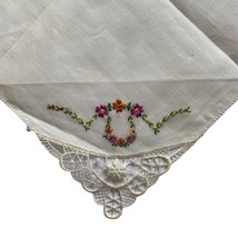 Handkerchief White Hankie Floral Flowers Embroidered 10x10.75” - $11.20