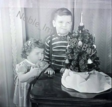 1949 Unhappy Toddler Sister Smiling Brother Christmas Picture Photo B&amp;W Negative - £3.48 GBP