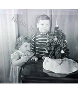 1949 Unhappy Toddler Sister Smiling Brother Christmas Picture Photo B&amp;W ... - £3.49 GBP