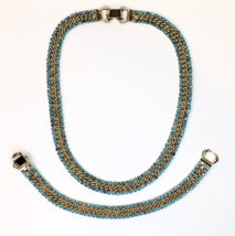 Aqua Blue Rhinestone &amp; Gold Tone Necklace &amp; Bracelet Set Vintage MCM Pro... - £39.15 GBP