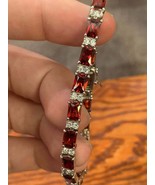 7CT Emerald Cut Simulated Red Garnet Bracelet Gold Plated 925 Silver - $233.63 CAD