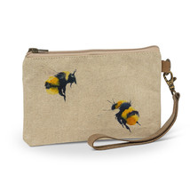 Bee Pouch with Leather Carrying Strap 8&quot; Long Flax Color Zipper Closure Lined - $21.78