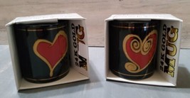 Vintage Goldline Mugs 24K Gold Black Red Hearts 1997 Coffee Cup Unused Set 2 - £25.44 GBP
