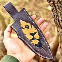 Hand Lion Engraved Fixed blade Knife Leather Sheath Holster belt Loop Kn... - $14.25