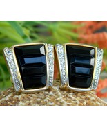 Vintage Black Gold Rhinestones Craft Signed Clip On Earrings Gem-Craft - £15.94 GBP