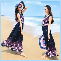 Summer Chiffon Sleeveless Stars Print Bohemian Ankle Length Maxi Beach Dress