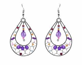 Beaded Webbed Teardrop Silver Metal Seed Bead Dangle Earrings - Womens Fashion H - £11.86 GBP