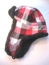 Winter Hat Red & Black Plaid with Faux Fur Lining Ear Flaps Chin Strap Unisex - £6.84 GBP
