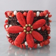 Organic Handmade Coral Flower Brass Pearl Cuff-Bracelet - £12.00 GBP