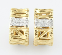 18k Two-Tone Gold Textured Huggie Earrings w/ Diamond Band Gorgeous - £1,142.32 GBP