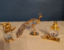 Lot Of 3 Gold Tone Crystal Figures - Clown, Cat &amp; A Peacock By Mascot EUC - £25.30 GBP