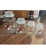 VTG ANCHOR HOCKING CANISTER SET DOGWOOD &amp; Cardinals ~ HP SIGNED HTF - $116.53
