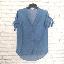 KIT Button Up Shirt Womens Small Blue Chambray Short Tie Sleeves High Low - £14.13 GBP