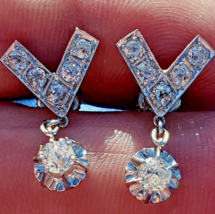 Earth mined Diamond Cushion cut Deco Earrings Elegant Antique Platinum Dangles - £3,138.39 GBP