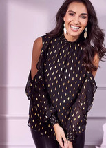 TOGETHER Black Cold Shoulder Blouse with Gold Foil Detail UK 28 Plus    (bp202) - £27.98 GBP