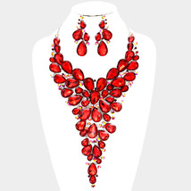 Red Crystal And  Rhinestone Teardrop Cluster Vine Necklace And Earring Set - $89.99