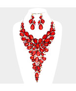 Red Crystal And  Rhinestone Teardrop Cluster Vine Necklace And Earring Set - £71.93 GBP