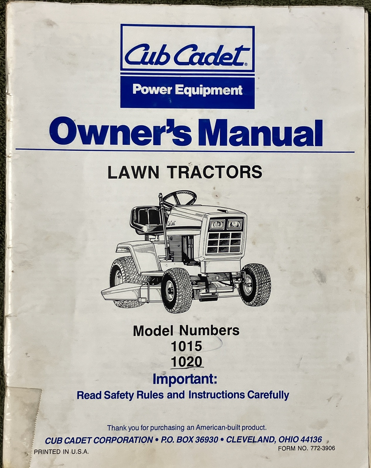 Cub Cadet lawn tractor owners manual book for 1015 &amp; 1020 - $24.99