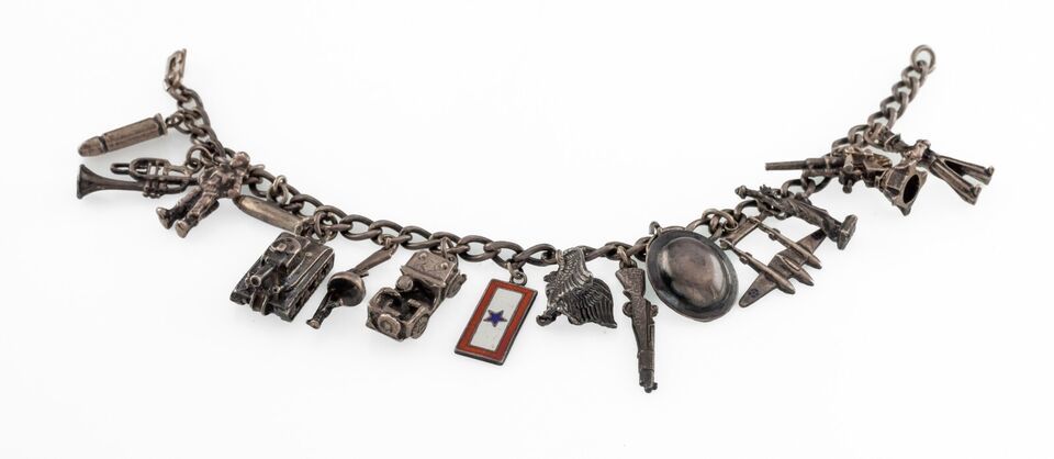 Primary image for Vintage WWI US Military Sterling Silver Charm Bracelet with 15 Charms