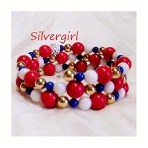 Red White Blue Coral Jade Memory Wire Bracelet - £15.25 GBP