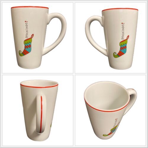 Primary image for Fitz & Floyd HAPPY HOLIDAYS Tall Latte Mug Gourmet Stockings Coffee Tea Cup