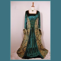Renaissance Victorian Medieval Flare Sleeve Deep Teal Gold Jacquard Lace Up - £113.85 GBP