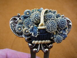 CHL57-2) blue DAHLIA Flower basket cameo brass hair pin pick stick HAIRPIN - $26.59