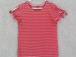 Nautica Women 100% Cotton Shirt Sz L Melonberry Stripes Red Shortsleeve Tie Nwot - £7.96 GBP