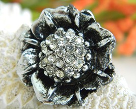 Vintage Silver Black Flower Brooch Pin Domed Rhinestones Shiny Figural - £15.76 GBP