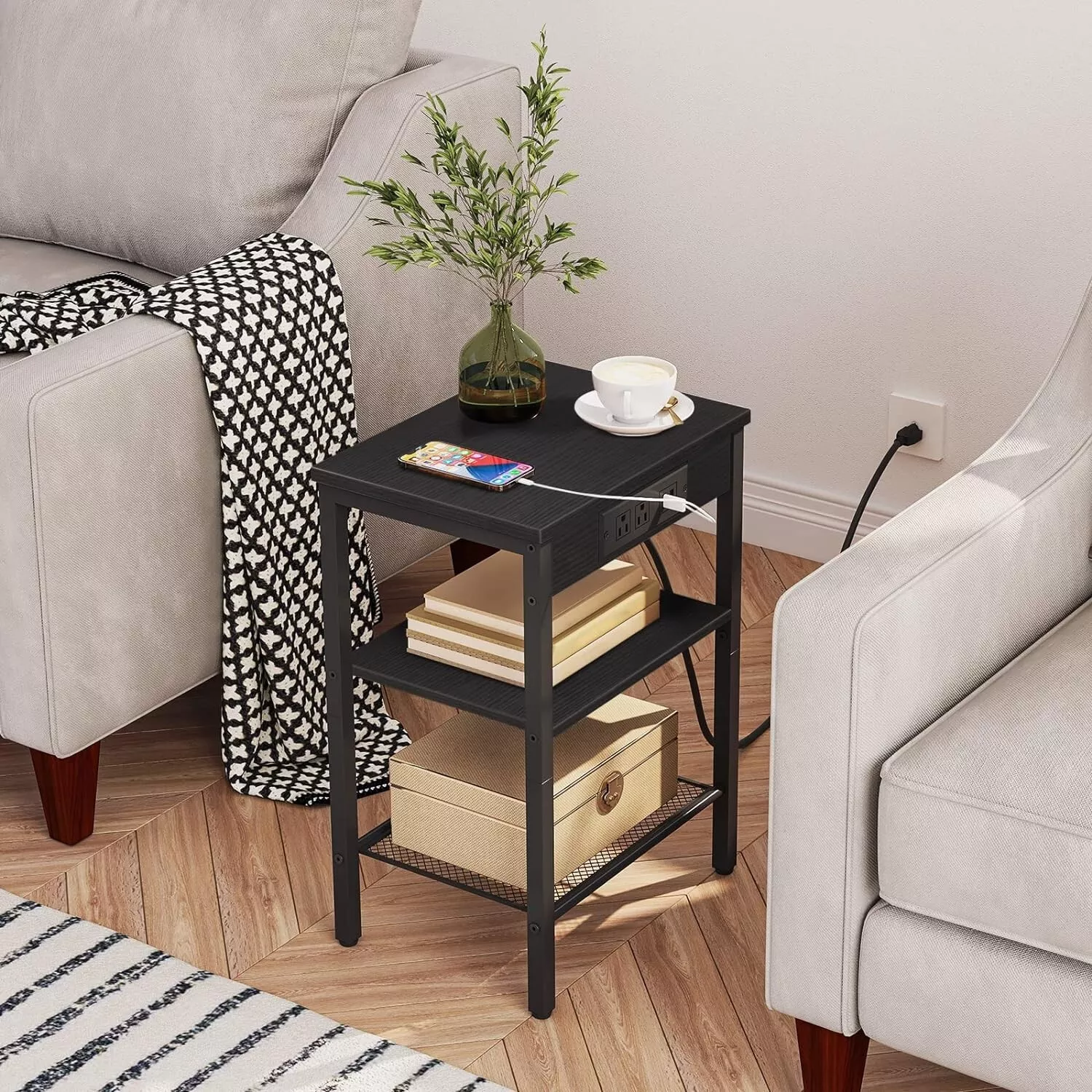 Black Bedside End Table Nightstand with Charging Station Organizer - $61.67 CAD