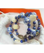 Signed BJ 925 Sterling Silver Lapis Wrap Bracelet Ceramic &amp; Carved Rose ... - $116.75 CAD